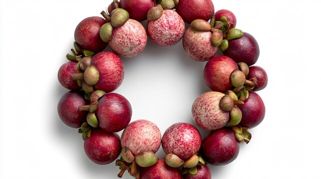 A circular arrangement where mangosteen forms a decorative ring around empty center copy space designed for advertising