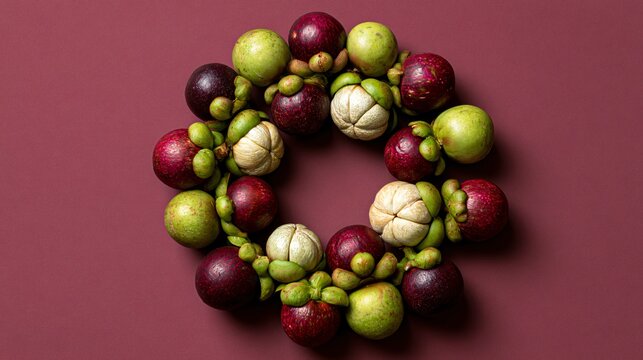 A circular arrangement where mangosteen forms a decorative ring around empty center copy space designed for advertising