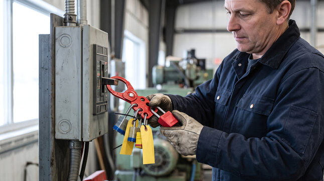 Worker applying lockout tagout hasp and padlocks to industrial electric panel