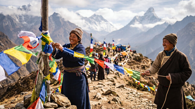 Tibetan couple hanging colorful prayer flags for Losar on high mountain ridge