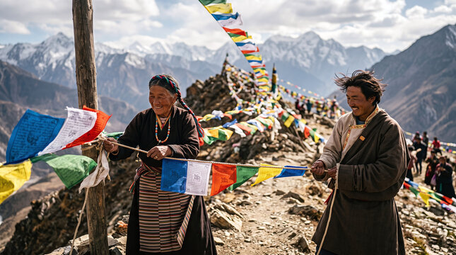 Tibetan people hanging colorful prayer flags on mountain ridge during Losar
