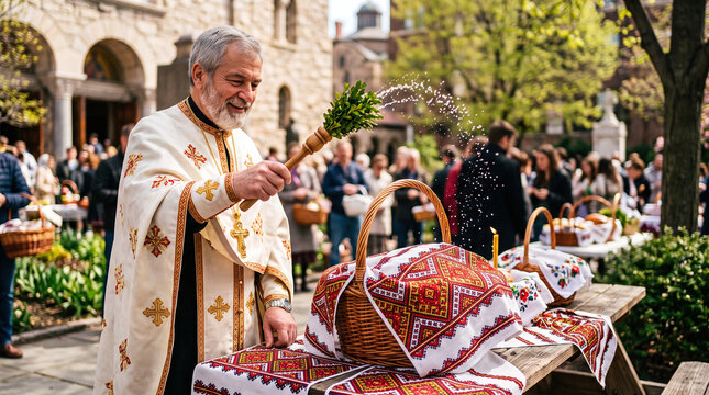 Orthodox priest sprinkling holy water on traditional Pascha Easter baskets
