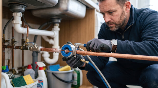 Professional plumber installing a pipe freezing collar on copper water pipe