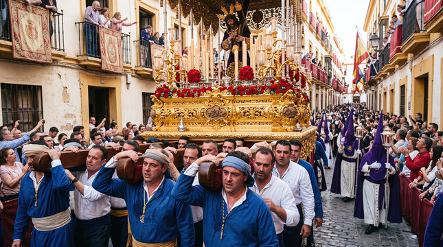 Spanish men carry a heavy golden float during the Semana Santa Holy Week