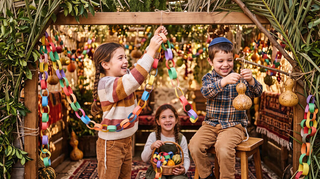 Cute Jewish children decorating a sukkah with paper chains for Sukkot festival