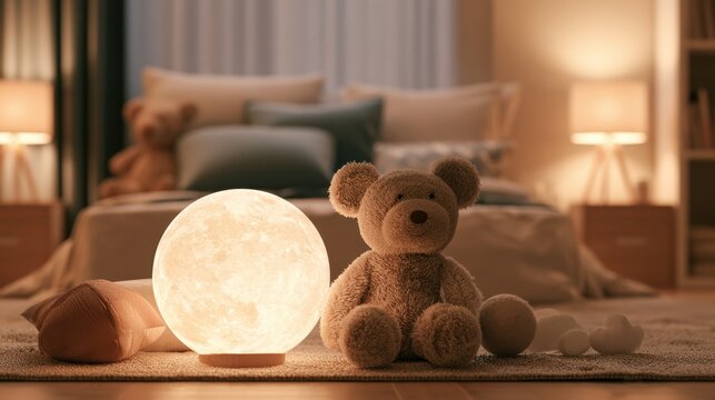 Cozy bedroom night scene with soft glowing orb lamp, teddy bear, plush pillow, and bedside table lamps creating warm and comforting atmosphere for relaxation and sleep