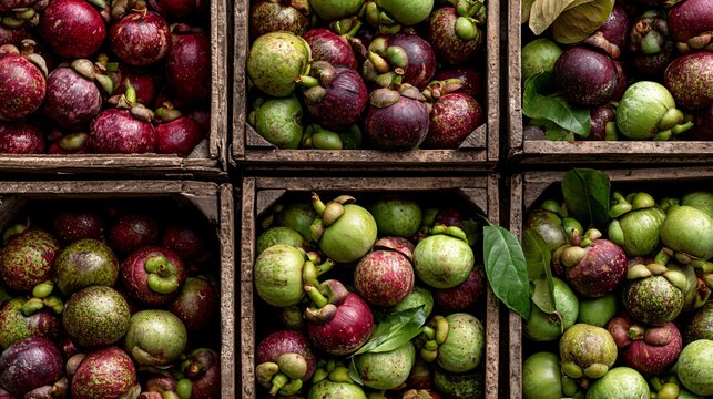 A farmers market-inspired composition featuring mangosteen displayed in rustic wooden crates overflowing with tropical abundance
