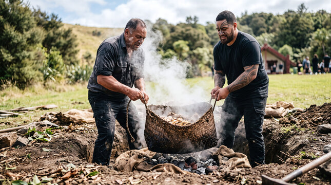 Maori men lifting a traditional steaming hangi food basket on Waitangi Day