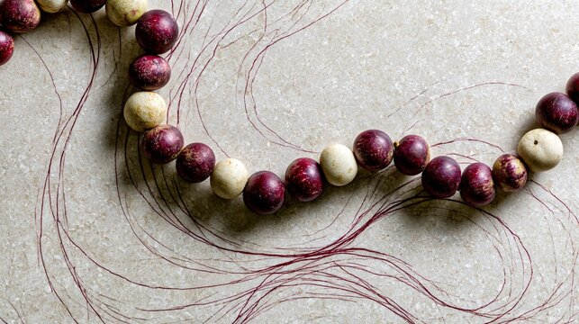 A flowing composition where mangosteen creates elegant curved patterns across a pale limestone background