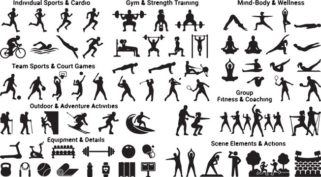 Detailed collection of black silhouette representing various fitness activities, gym exercises, sports, yoga poses, and wellness routines on a white background