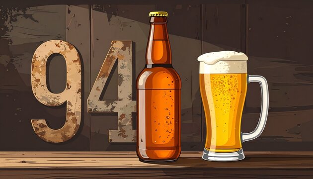 Rustic Beer Glass and Bottle with Number 94 &ndash; Birthday and Anniversary Illustration