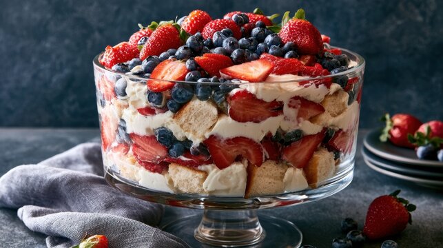 Delicious layered dessert with fresh strawberry slices, blueberries, whipped cream, and cake pieces in a large glass trifle bowl, perfect for festive occasions or summer treats