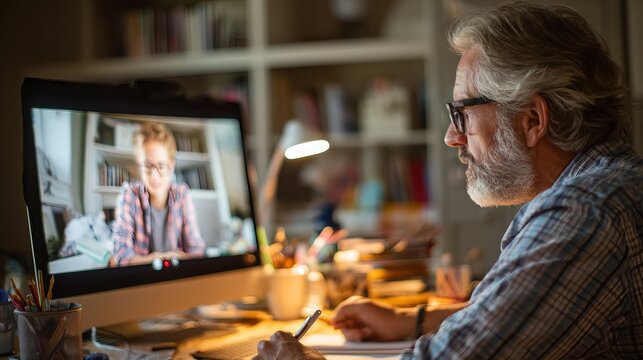 Middle Aged Teacher Conducting Online Video Lesson with Student Through Webcam for Remote Education E Learning Distance Learning Virtual Classroom and Work From Home Concept
