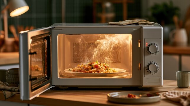 Modern kitchen microwave oven with open door cooking steaming hot meal on plate on wooden countertop with cozy indoor lighting