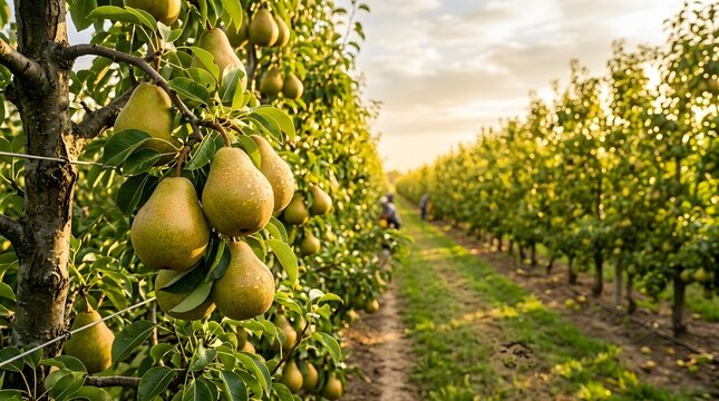 A sunlit orchard lined with rows of fruit-laden trees bearing ripe, juicy pears ready for harvest.