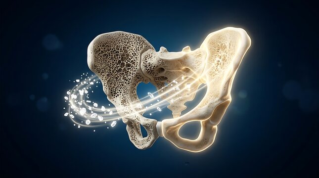 Osteoporosis human pelvis bone health illustration with glowing light