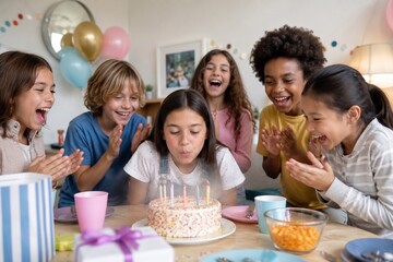 Fototapeta premium Girl blowing out birthday candles surrounded by friends