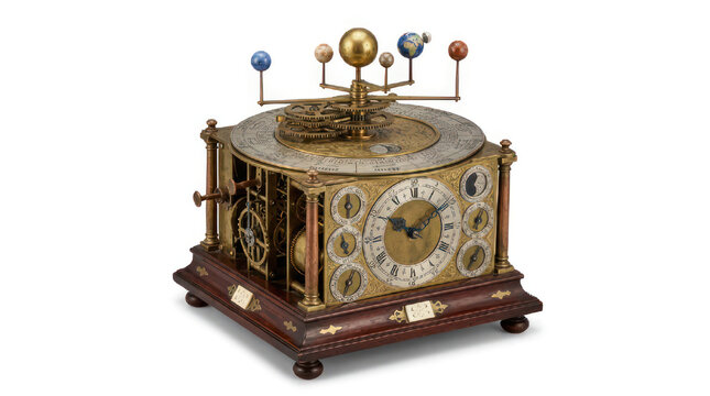 Antique astronomical clock with orrery and celestial spheres.