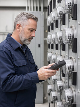 Mature electrician scanning power meters on panel in commercial utility room