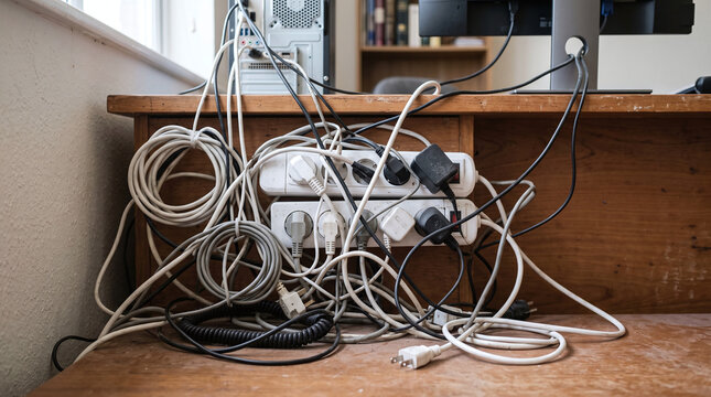 Overloaded power strips with tangled electrical cables behind computer desk