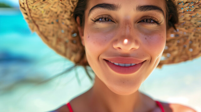 PRIMO PIANO RAVVICINATO DI GIOVANE DONNA SORRIDENTE CON CAPPELLO DI PAGLIA SULLA SPIAGGIA TROPICALE