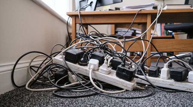 Overloaded power strip extension cords tangled with messy wires on office floor