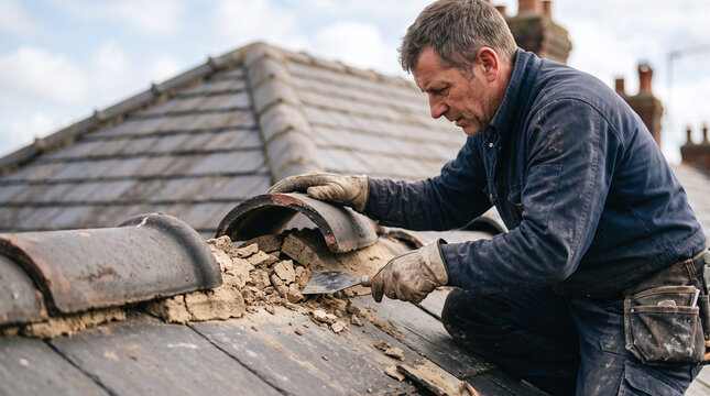 Professional roofer repairing cracked mortar under ridge tiles on a house roof