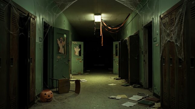 Spooky School Hallway Decorated for Halloween