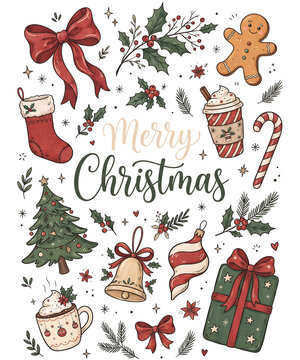 Merry Christmas Hand Drawn Holiday Illustration with Festive Christmas Elements
