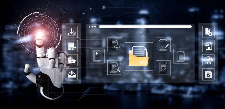 Futuristic Technology Concept of Robotic Hand Interacting with Digital Files and Folders in a Virtual Environment for Data Management and Organization. Glyphic.