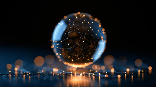 Abstract digital network sphere, glowing with interconnected nodes, symbolizing global data, artificial intelligence, and future technology on a reflective dark surface