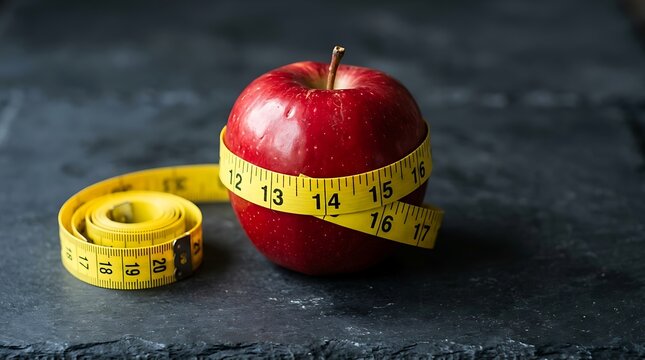 Yellow measuring tape tightly wrapped around a shiny red apple placed on a textured dark stone surface.