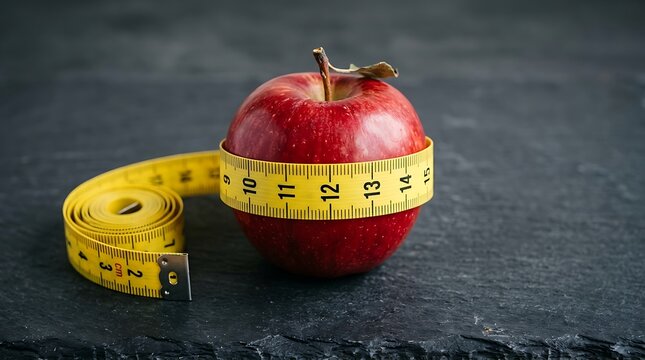 Fresh red apple wrapped in a yellow measuring tape resting on a dark slate background for diet concept.