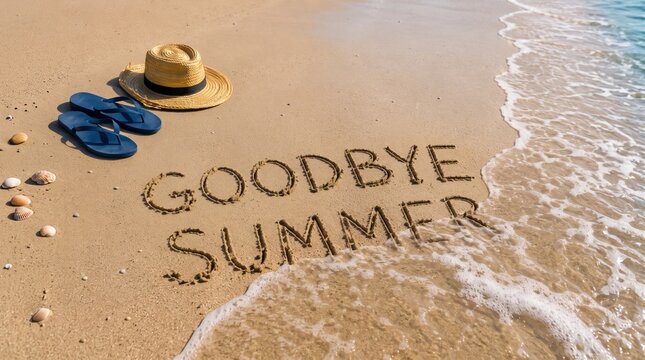 Goodbye Summer message written in sand by the sea