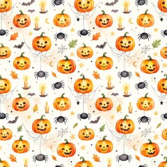 Obraz premium Cute Watercolor Halloween Seamless Pattern