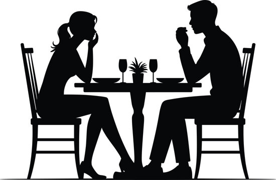 Black silhouette of a couple sitting at a table for a romantic dinner with wine glasses and a small plant, isolated on a white background, for use in projects