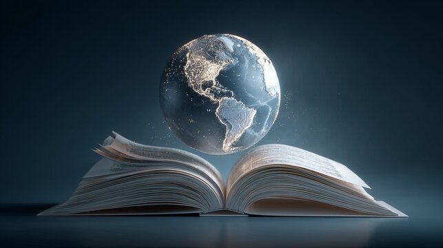 Global Worldwide Education Concept with Open Book and Planet Earth Globe on Dark Blue Background for Learning Knowledge International Study and Academic Development
