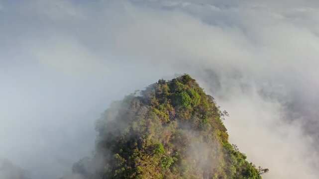 Tropical rainforest mountain peak rising above a sea of swirling white clouds, natural beauty and remote wilderness of KHAO SOK National Park in Thailand. Aerial view of morning mist. Drone flight