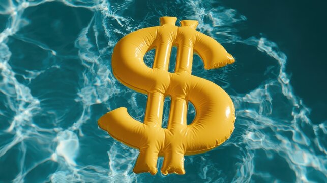 Bright yellow inflatable dollar sign floating on clear blue swimming pool water with light reflections creating a summer financial symbol concept