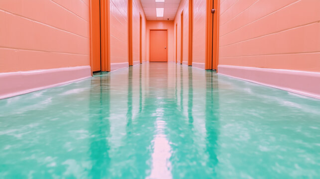 Empty long corridor with green floor and orange walls.