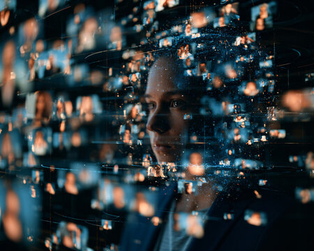 Digital identity's future A person surrounded by glowing data streams and faces, representing AI, big data, and global virtual connection