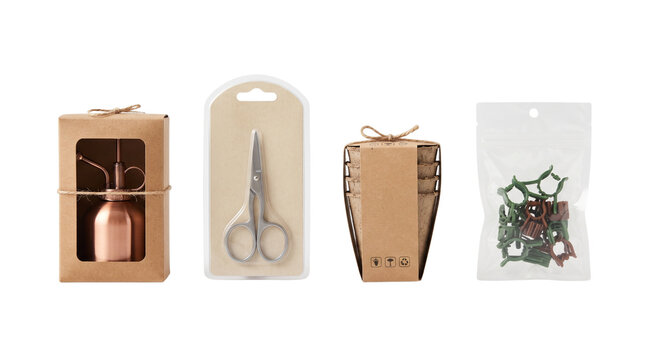 Eco-friendly retail packaging set, brown kraft paper boxes and blister packs, sustainable product branding mockups for hardware tools isolated PNG with Transparent Background
