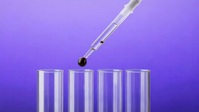 A glass pipette dispensing a dark liquid drop into empty clear test tubes, set against a solid purple background for laboratory use.