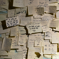 Obraz premium Wall of handwritten message notes and sticky memos with personal wishes and travel memories in a textured collage composition