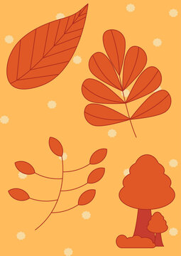 Cute autumn leaves and tree doodle illustration set on orange background vector artwork