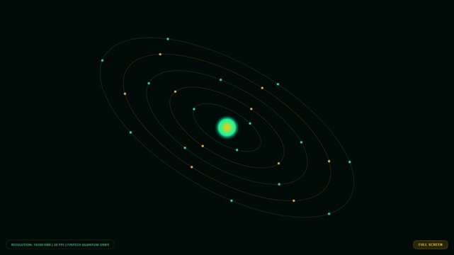 Solar system model with glowing sun at center and orbiting planets on dark space background showing concentric circles and abstract astronomical orbits for science education and galaxy concept design