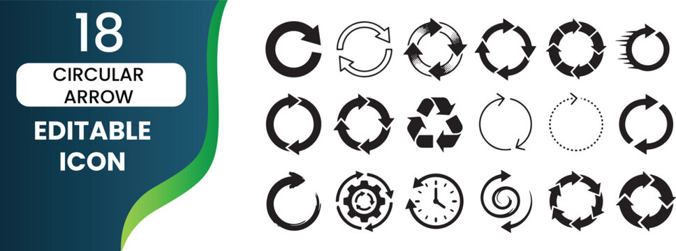 Set of 18 minimalist circular arrow icons for web design and user interface elements featuring refresh, loading, and recycling symbols in flat design