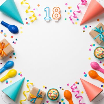 18th birthday party frame with colorful decorations and gifts