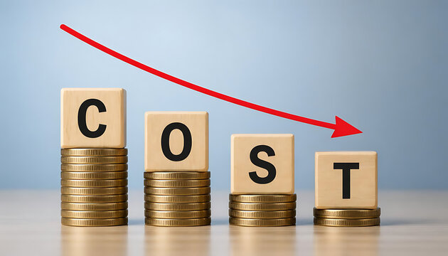 This image visually represents a cost reduction or financial savings concept, illustrating a downward trend in expenses