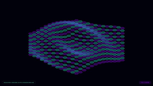 Abstract digital pattern with glowing blue and purple hexagon shapes arranged in a wavy 3d grid structure on a dark black background for modern technology and science graphic design concepts